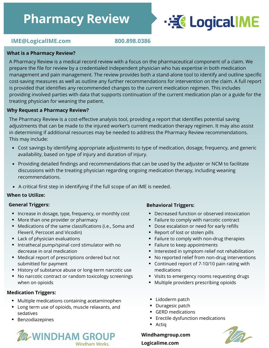 WindhamWorks's tweet photo. The #Pharmacy Review is a stand-alone #solution that identifies cost-savings measures and outlines future recommendations for intervention on a claim. https://t.co/weM5UCNqec #windhamworks #independentmedicalexam #workerscomp #medicalcasemanagement https://t.co/9NEdy47O5B