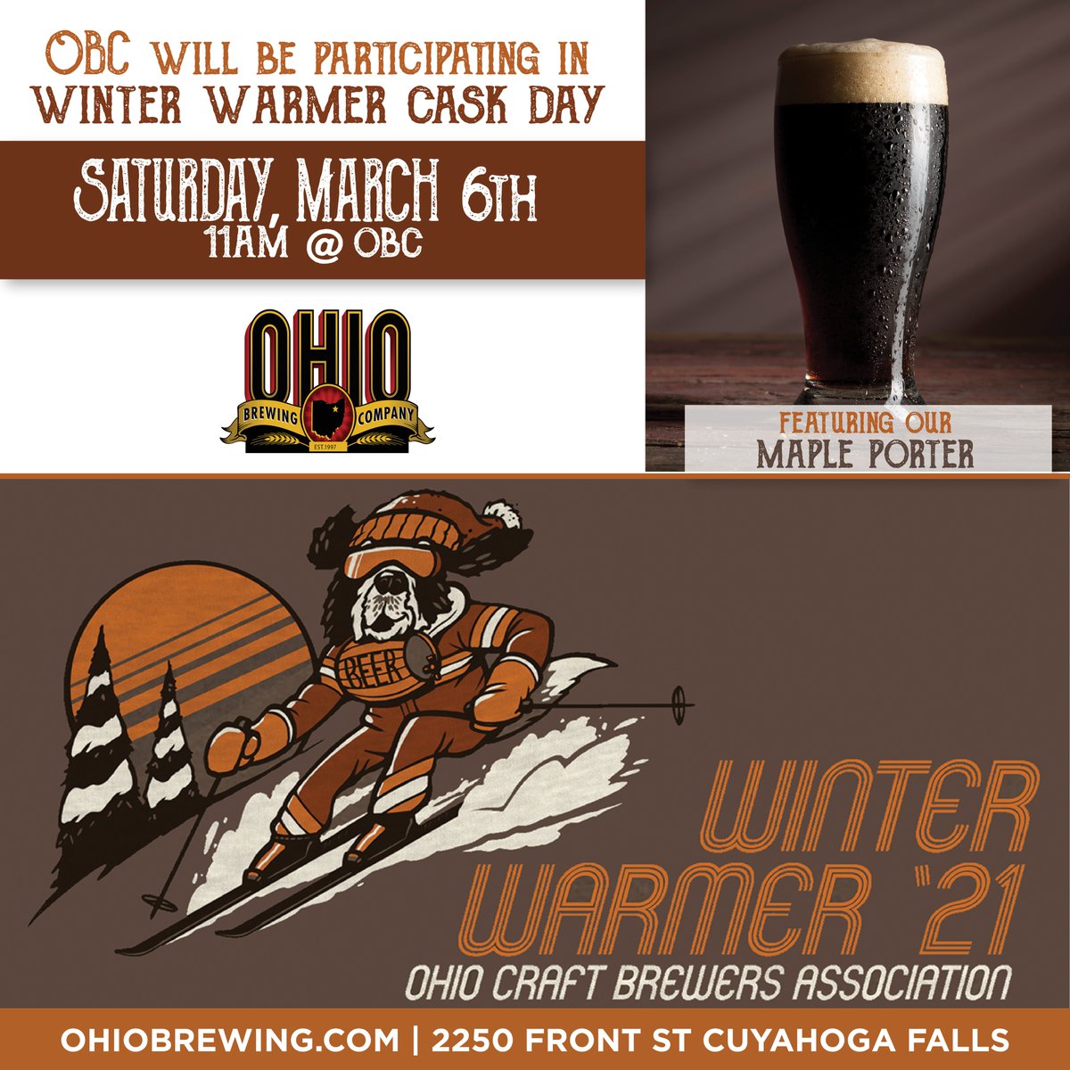 Ohio Brewing Company is proud to be participating in #WinterWarmer21!  We will be featuring our Maple Porter! Stop by on March 6th.