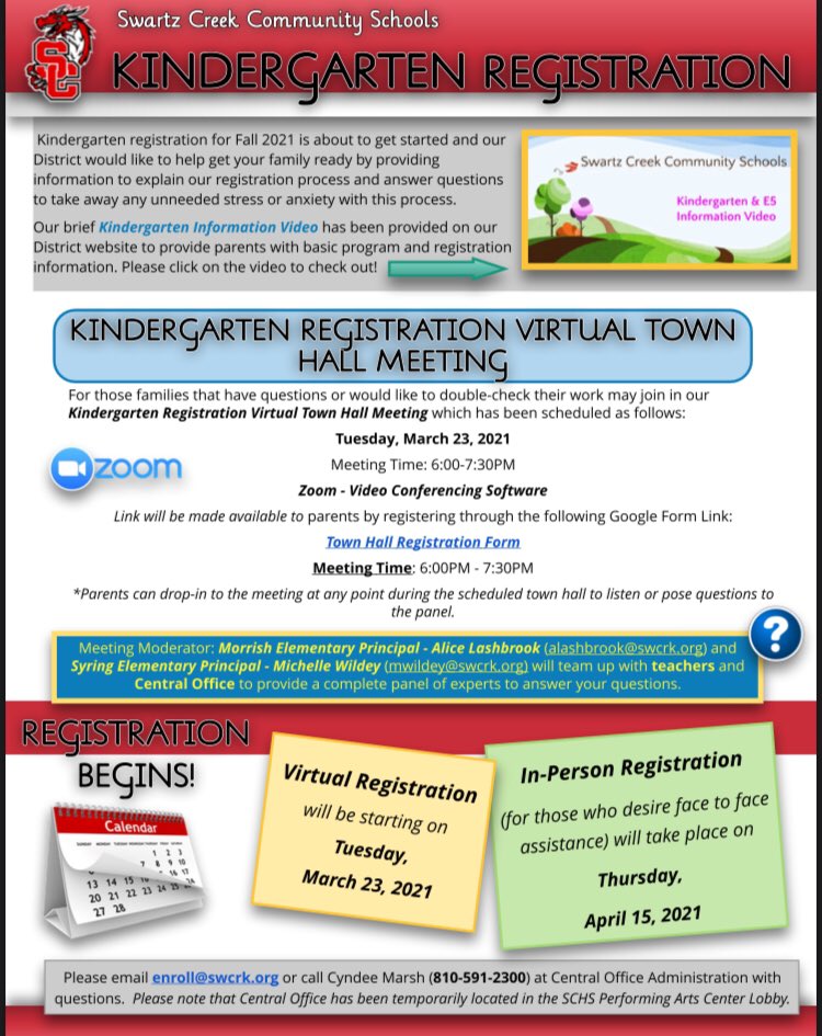 Brandi Scarberry (@scarberrybrandi) on Twitter photo Kindergarten Registration for next school year (2021-2022) is happening soon! Spread the word! <a href="/swartz_creek/">Swartz Creek Schools</a> <a href="/SyringDragons/">SyringElementary</a> Kindergarten Registration for next school year (2021-2022) is happening soon! Spread the word! <a href="/swartz_creek/">Swartz Creek Schools</a> <a href="/SyringDragons/">SyringElementary</a>