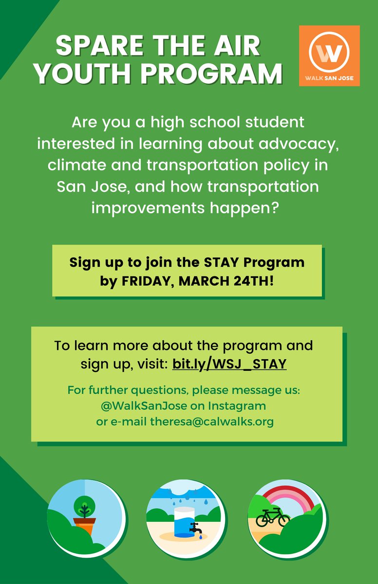 Walk_SanJose's tweet photo. 📣NEW LEADERSHIP OPPORTUNITY FOR HIGH SCHOOL STUDENTS📣
Interested in learning about transportation issues in San Jose, local solutions, and how you can promote change in your neighborhood? 

Sign up for the STAY Program by WEDNESDAY, MARCH 24 at https://t.co/i4hgT86H2m https://t.co/jCHs9Ebqdt