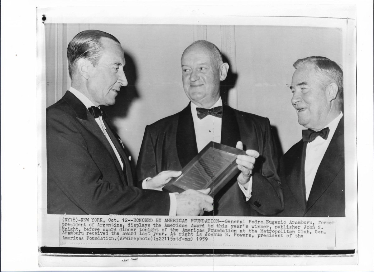 ZOROARIA11's tweet photo. Pedro Aramburu, John S. Knight, Joshua B. Powers, president of the Americas Foundation. 10/13/1959 https://t.co/fG5seaZtz5