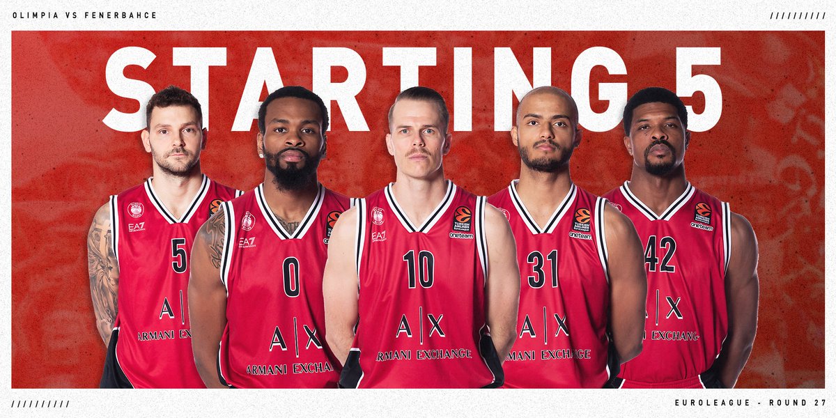 OlimpiaMI1936's tweet photo. Starting 5️⃣: A|X Armani Exchange Olimpia Milano 🆚 @FBBasketbol
#insieme #EuroLeague #AXMFNB #ForzaOlimpia
@EuroLeague https://t.co/2kMY5SGItG