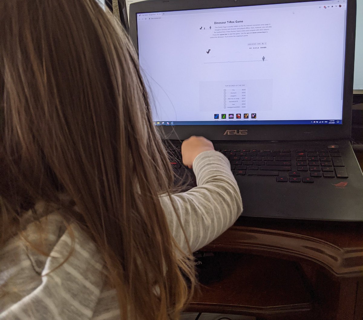 She asked for the "jumping dinosaur" and I had no idea what she meant. Until she reached over and started hitting the space bar.

So proud of my pint sized gamer. 😂