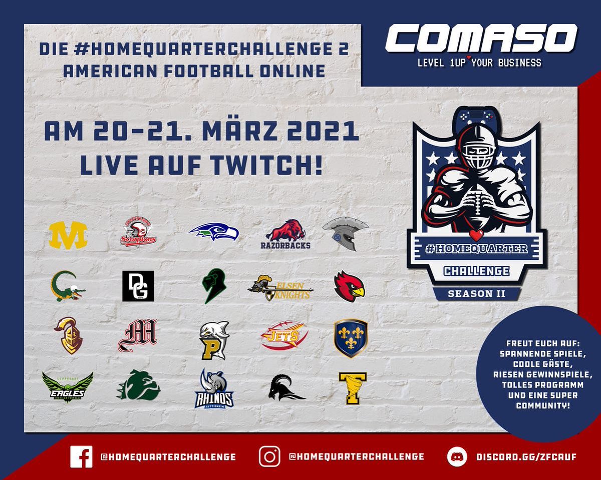 Football- und E-Sport-Fans!
Die #homequarterchallenge geht in die zweite Season mit mehr Teams, mehr Spielzeit und mehr Gewinnspiele!!!! Seid gespannt!
Gemeinsam mit Nerdstar.TV freuen wir uns wieder den besten Madden Spieler auszuspielen. Infos folgen!