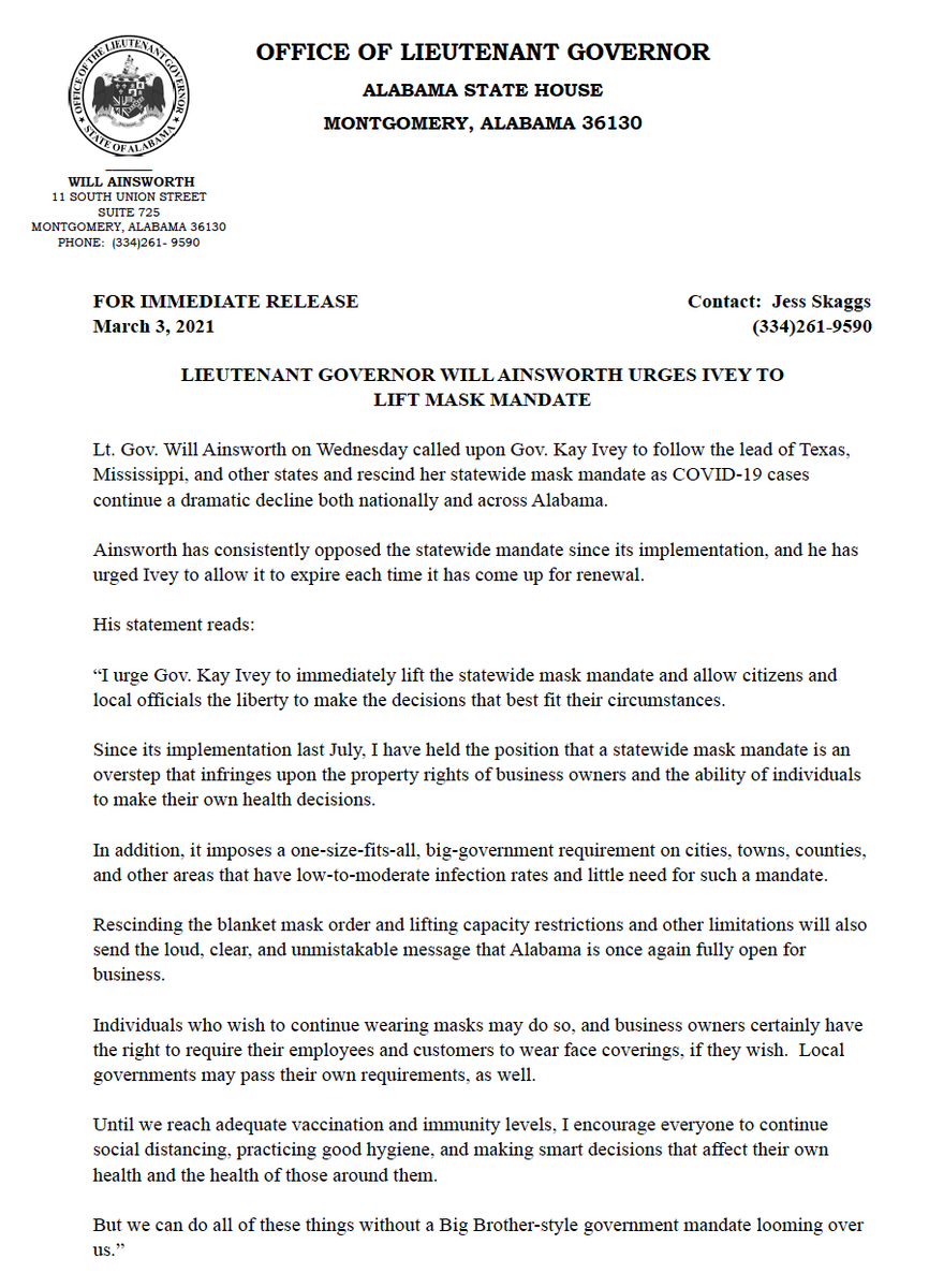 willainsworthAL's tweet photo. I urge Gov. Kay Ivey to immediately lift the statewide mask mandate and allow citizens and local officials the liberty to make the decisions that best fit their circumstances.

See my full statement: https://t.co/OYDN7DrGau