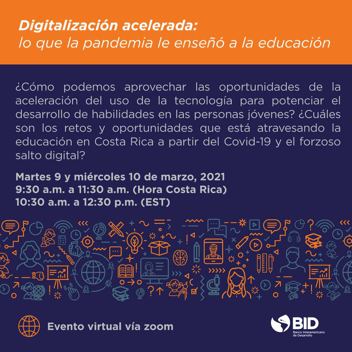 ¿Qué le ha enseñado la pandemia a la #educación? Te invitamos a nuestro evento #virtual el 9 y 10 de marzo para conocer cómo podemos aprovechar en #CostaRica las transformaciones digitales que ha provocado el #Covid-19. zoom.us/j/97805538829