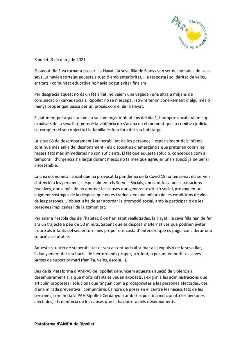 Com a conseqüencia dels fets ocorreguts el passat dia 1 de març, on va ser desnonada una família de l'escola, des de la Plataforma d'AMPAs de Ripollet hem emès el comunicat que us adjuntem a continuació <a href="/AjRipollet/">Ajuntament Ripollet</a> @PahRipollet_Cer <a href="/RevistaRipollet/">Revista de Ripollet</a> <a href="/RipolletRadio/">Ripollet Ràdio</a>