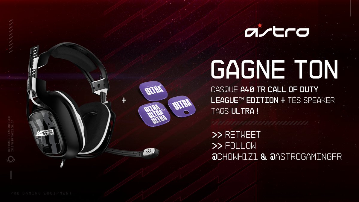 ULTRASSSSS !

Ça vous dit un vrai casque de Lord ?
Avec ASTRO Gaming on vous fait gagner un casque A40 TR Call of Duty League™ edition + des speakers tags ULTRA 🔥

Pour participer :
- RT ce tweet.
- Follow @CHOWh1z1 et <a href="/ASTROGamingFR/">ASTRO Gaming France</a>.

TAS 10/03
GL HF