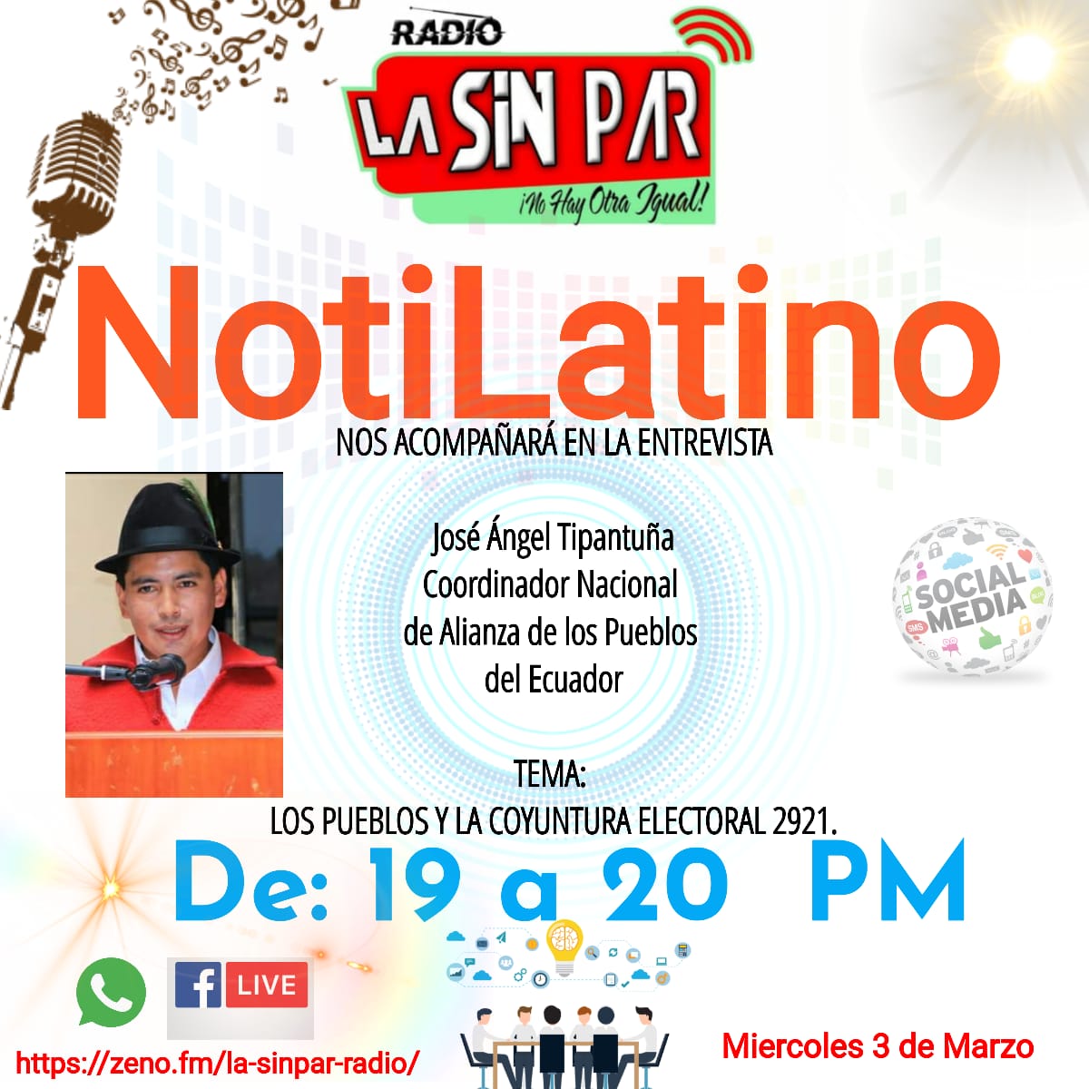 AngelTipantuna's tweet image. Esta noche 03 de marzo de 2021, a las 19:00, estaré en una entrevista en el programa #NotiLatino en la Radio #SinPar, con el tema: "Los Pueblos y la Coyuntura Electoral 2021", en la que ratificaremos nuestro apoyo a @ecuarauz y @rabascallcarlos, candidatos del @MashiRafael