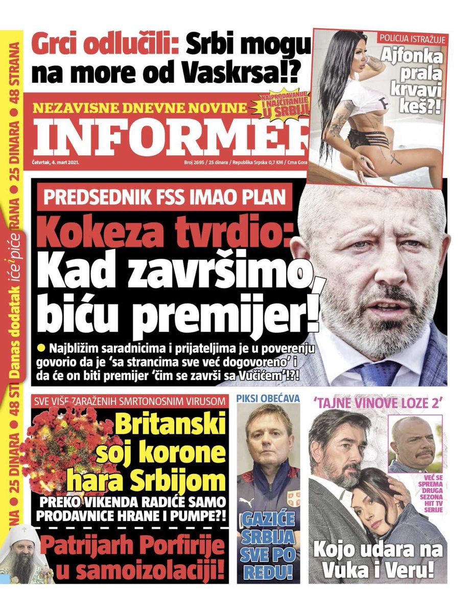 InformerNovine's tweet photo. Naslovna strana Informera za 04.03.2021. godine i dodatak “Iće i piće”. #informer #informervesti #vesti #srbija https://t.co/6aZEuCNrxZ