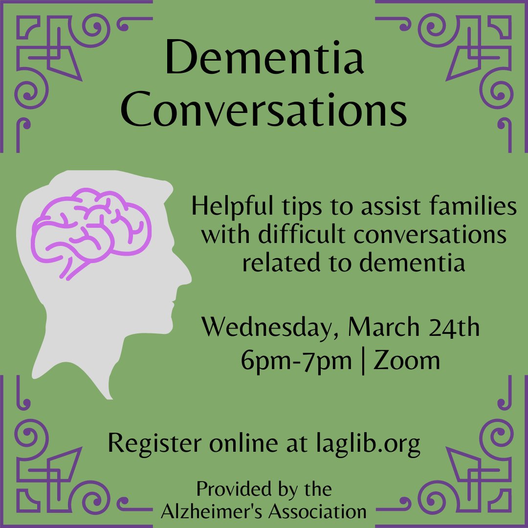 LaglibNY's tweet photo. It can be hard to have the necessary conversations related to dementia - this program will give you some helpful tips! Sign up on https://t.co/dJzt75U5Cu - registrants will be emailed the Zoom link before the program.
#laglib #alzheimers #dementia #libraryprograms https://t.co/QbW63ZpTQp