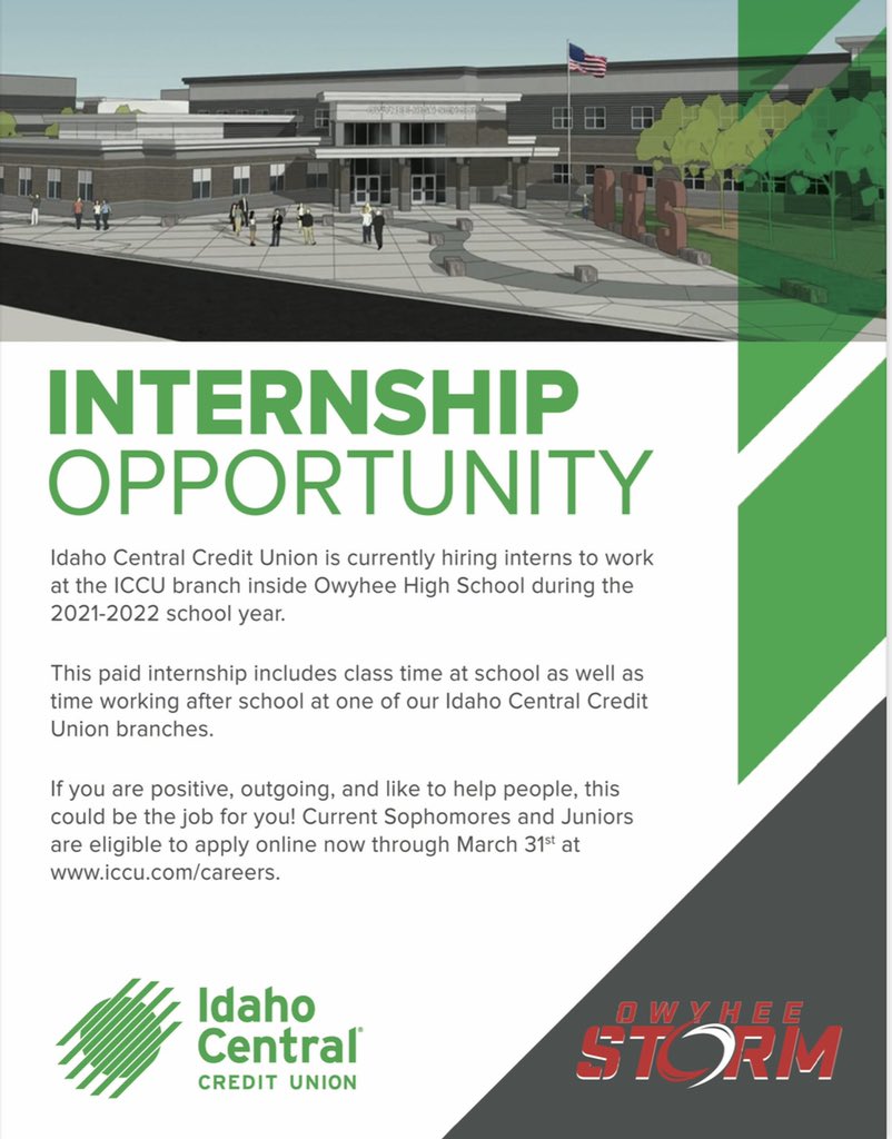 Current Owyhee Sophomores and Juniors...Want to work at the OHS ICCU bank?!  Contact Melanie Davis at mdavis@iccu.com if you have any questions about the internship.