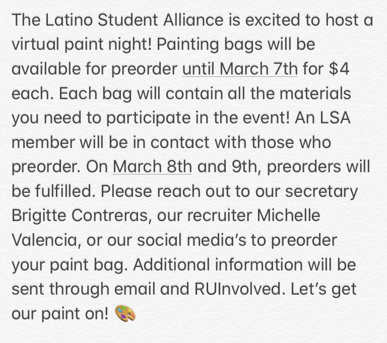 The Latino Student Alliance is excited to host a virtual paint night! Details below: