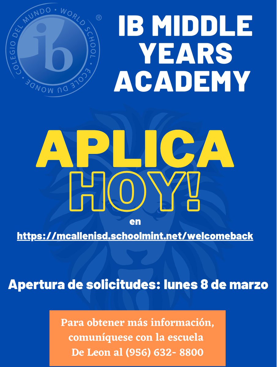 McAllenISD's tweet photo. IB Middle Years Academy: Application opens Monday, March 8!
Click here:  https://t.co/EJkXWJ1k7A
Academia de los Años Intermedios de IB: ¡La solicitud se abre el Lunes 8 de Marzo!
Haga clic aquí: https://t.co/EJkXWJ1k7A https://t.co/A4s3H7m8Wt