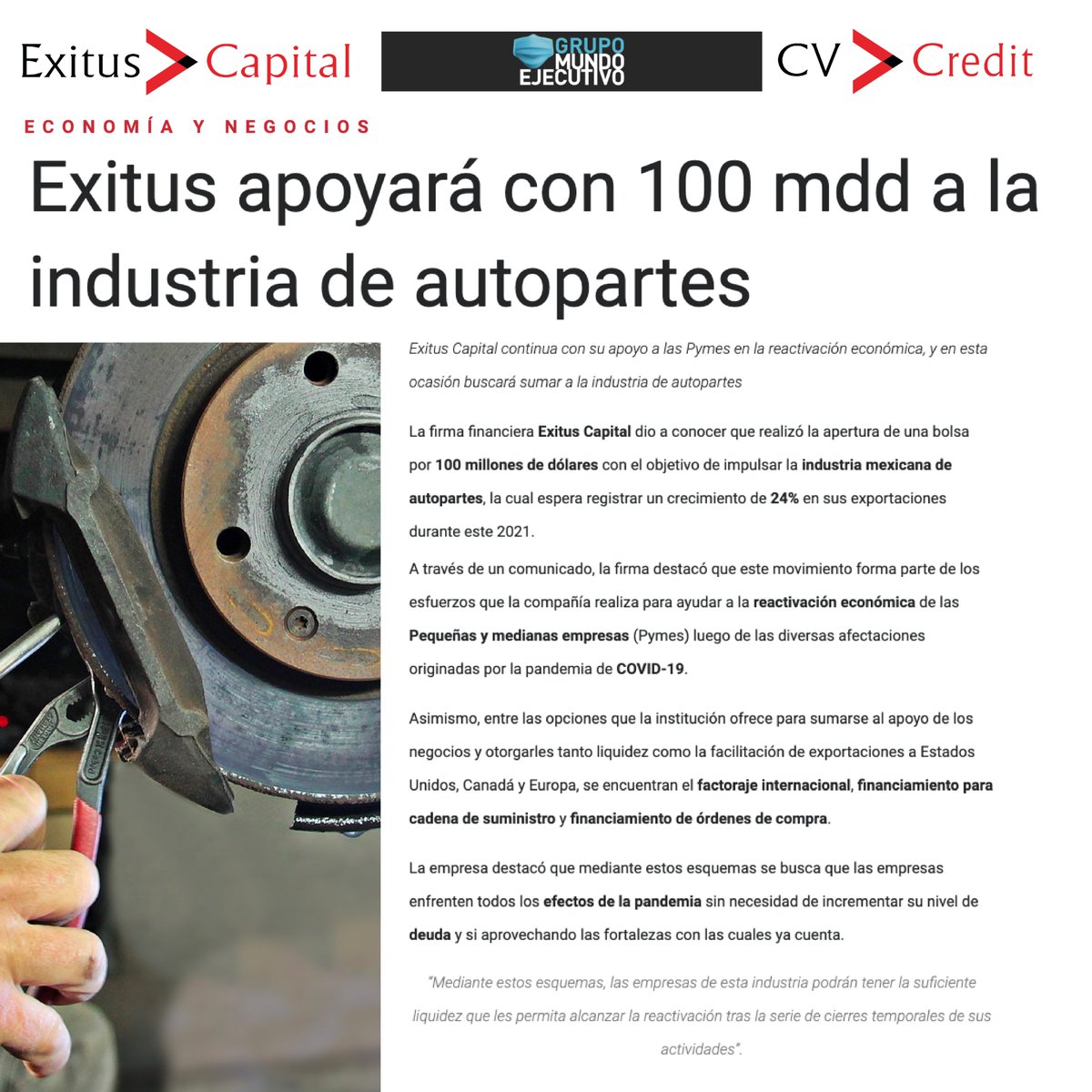 "Exitus Capital continua con su apoyo a las Pymes en la reactivación económica y en esta ocasión buscará sumar a la industria de autopartes..."

Lee la noticia completa aquí: linkedin.com/smart-links/AQ…