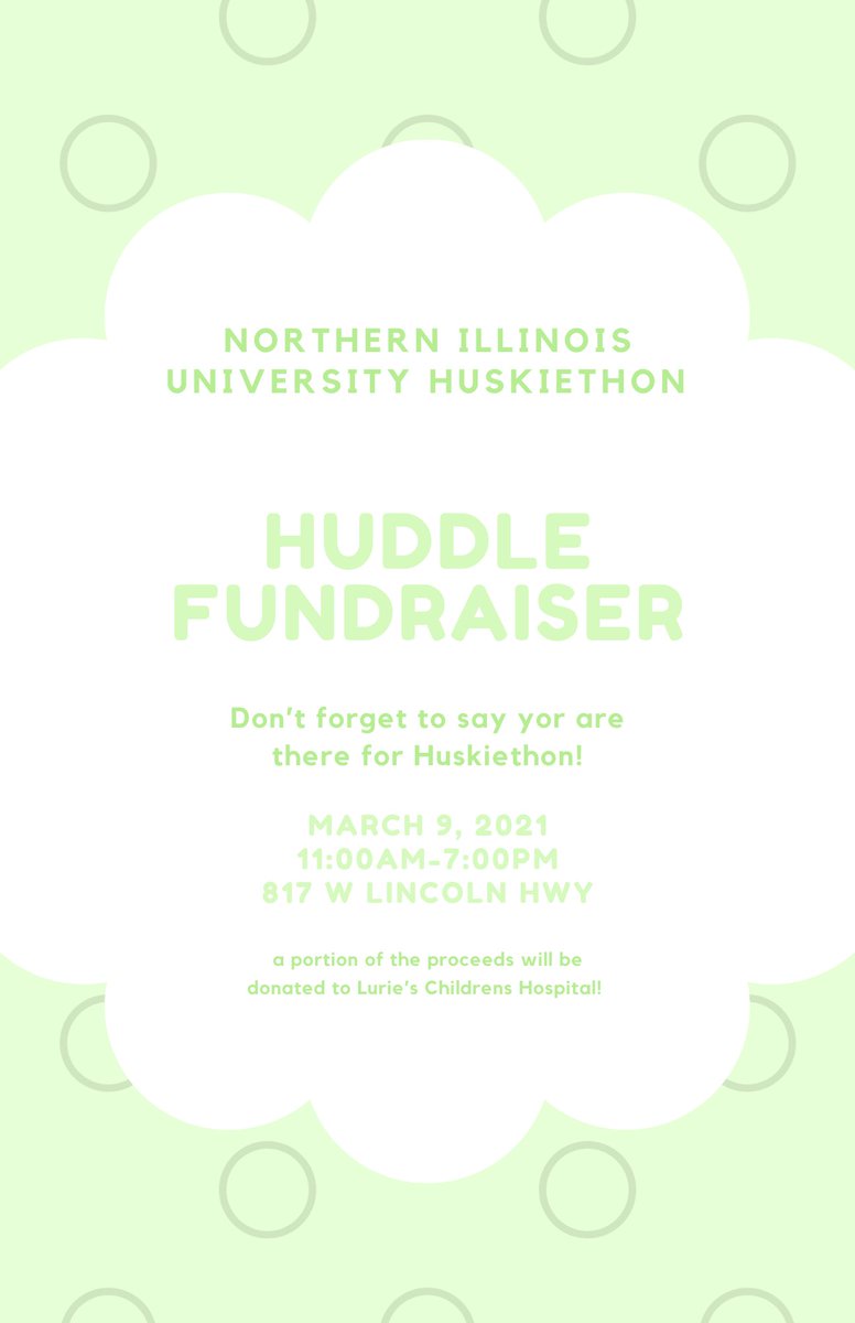 Everyone make your way over to the Huddle in Dekalb, next Tuesday for our fundraiser! Make sure to say you are there for Huskiethon and a portion of the proceeds will be donated to Lurie’s Children’s Hospital! Take your friends and go enjoy some great food🤗🍔