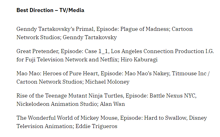 Mao Mao: Heroes of Pure Heart was nominated for another Annie Award! This time, it's directing for our unbeatable director @mikejmoloney, and it was a LOT of direction to make all of the gags myself and @Angelo_Hat put in really come together! One of my fave episodes to write! 