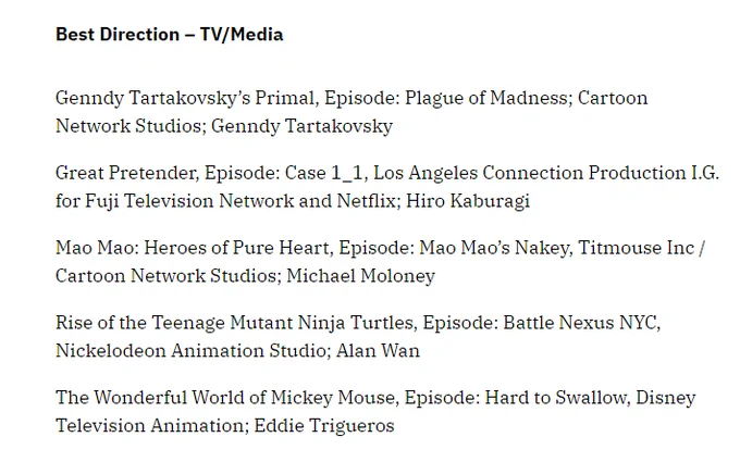 Mao Mao: Heroes of Pure Heart was nominated for another Annie Award! This time, it's directing for our unbeatable director @mikejmoloney, and it was a LOT of direction to make all of the gags myself and @Angelo_Hat put in really come together! One of my fave episodes to write! 