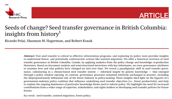 Rpelai's tweet photo. New publication in a special issue @cdnsciencepub #CJFR. How do tree seed movement policies change over time in BC? What evidence is used to justify policy change? Lots of insights from history!🌲Part of @CoAdapTree @ubcforestry w/ @SES_UBC & Kozak. Link: https://t.co/GNMl2EKMq0 https://t.co/4zfrj1jgAN