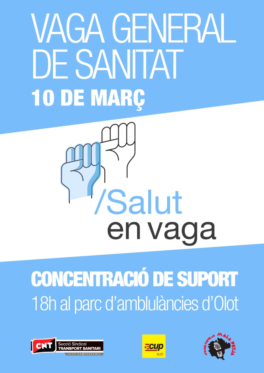 Avui no ens queda altra que lluitar i la  setmana que ve n'és exemple:
#8M vaga general feminista
#10M vaga general de sanitat

Per una societat que posi al centre les persones i la vida, organitzem-nos per enderrocar el capitalisme. 

Nosaltres hi serem!!