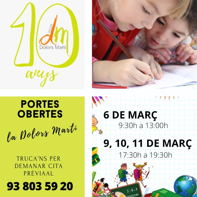 Portes obertes <a href="/ladolorsmarti/">La Dolors Martí</a>

📌Reunió informativa telemàtica:
4 de març a 18:30h
linktr.ee/EnsenyamentIgu… 

📌 Portes obertes:
Presencial amb cita prèvia (93 803 59 20 / a8064866@xtec.cat)
6 març - 9:30h a 13h
9,10,11 març - 17:30h a 19:30h

📌Més info:
agora.xtec.cat/esc-dolorsmart…