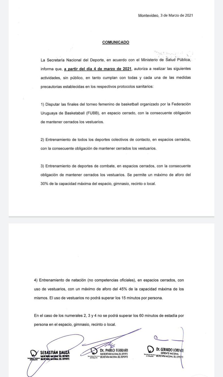 Guille263's tweet photo. ⚠️ATENCIÓN⚠️ La Secretaría Nacional del Deporte autorizó a partir de mañana los entrenamientos de deportes colectivos que se practican en gimnasios cerrados, manteniendo las medidas sanitarias, 30% del aforo del recinto y la no utilización de los vestuarios. 📄⚽️🇺🇾 https://t.co/lDUsQ0NEDV