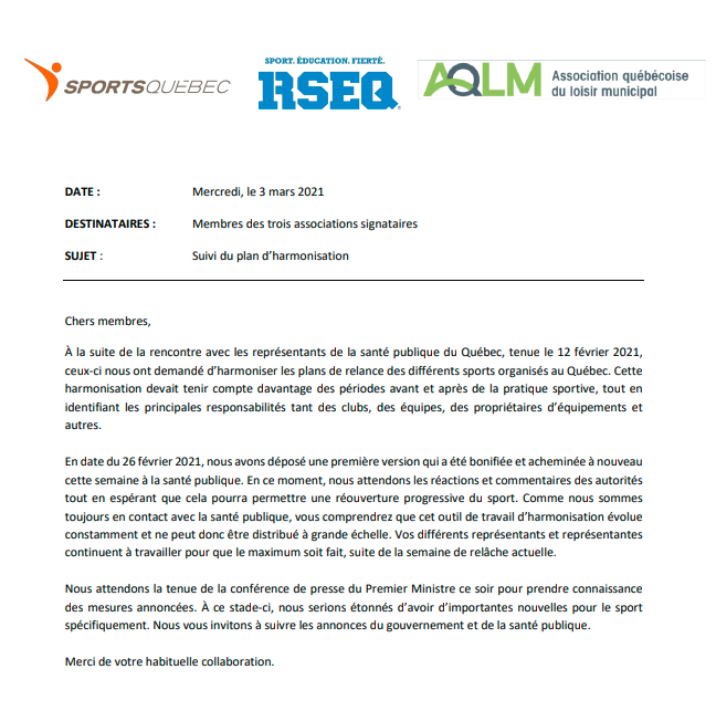 RSEQ1's tweet photo. Voici un suivi du plan d’harmonisation entourant la relance du sport au Québec.

#RSEQ #Sport #Éducation #Fierté https://t.co/kPjxNKwc1R