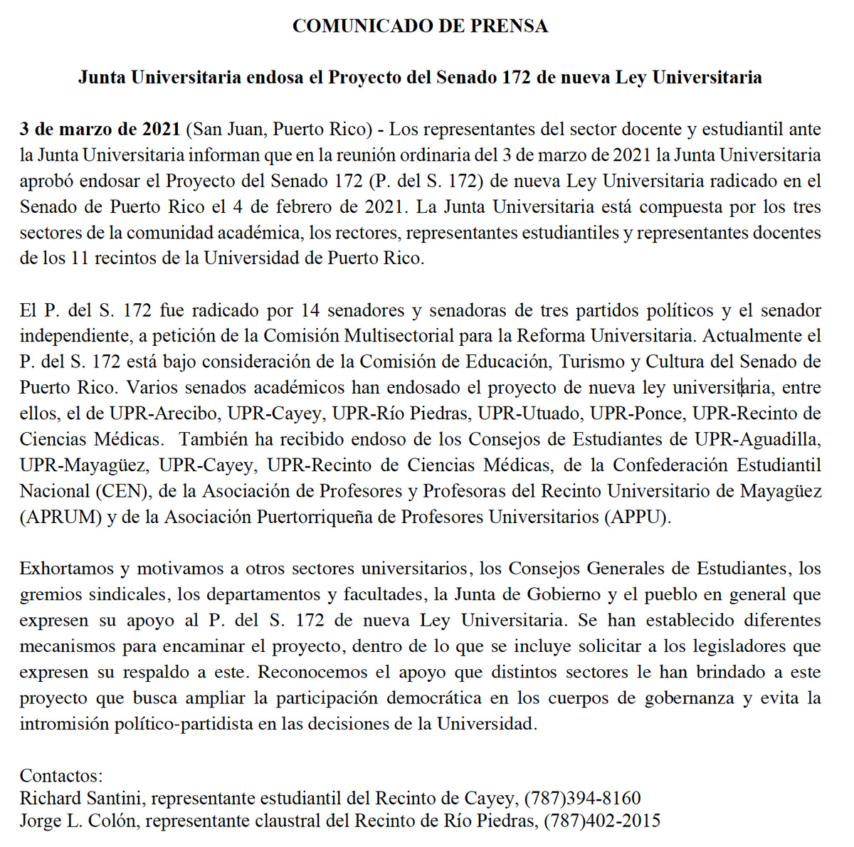 JorgeColon's tweet photo. Comunicado de Prensa: Junta Universitaria de la Universidad de Puerto Rico endosa el Proyecto del Senado 172 de nueva Ley Universitaria. @appunacional @APRUM12 @cgeuprrp @CgeUprag @UPRA_CGE @CGE_UPRB @cgerum @CGERCM @cgeuprp @CGEUPRCa @CGEUPRHumacao @CEN_UPR https://t.co/mxfrBjHjWJ