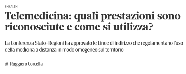 Telemedicina: quali prestaziono sono riconosciute? Come si usa? Un approfondimento di <a href="/rucorce/">Ruggiero Corcella</a> su <a href="/Corriere_Salute/">Corriere.it Salute</a> aiuta a districarsi sulla materia. Felice di avere dato il mio contributo all'articolo.  

▶️corriere.it/salute/ehealth…