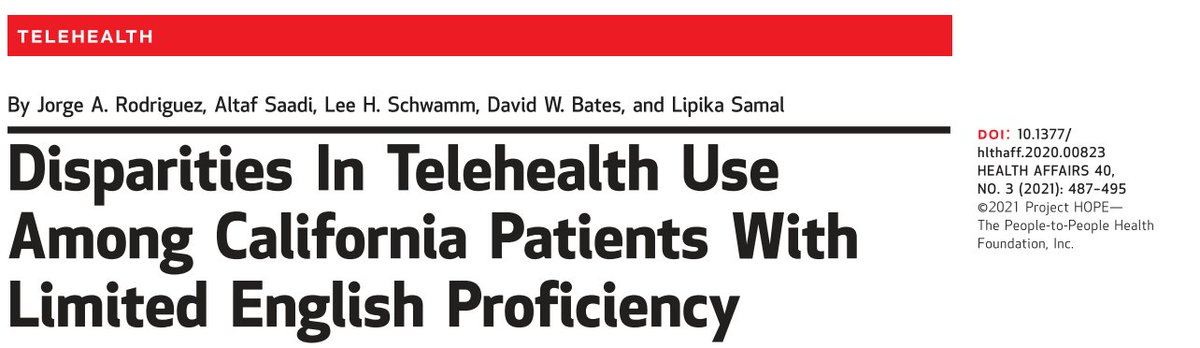 NEW 📰in @Health_Affairs : before the pandemic, were limited English proficient (LEP) pts accessing telehealth? Tldr: Telehealth disparities affecting LEP pts pre-date the pandemic. Work w/ @AltafSaadiMD @Braindoc_MGH @DBatesSafety @LipikaSamalMD healthaffairs.org/doi/abs/10.137…