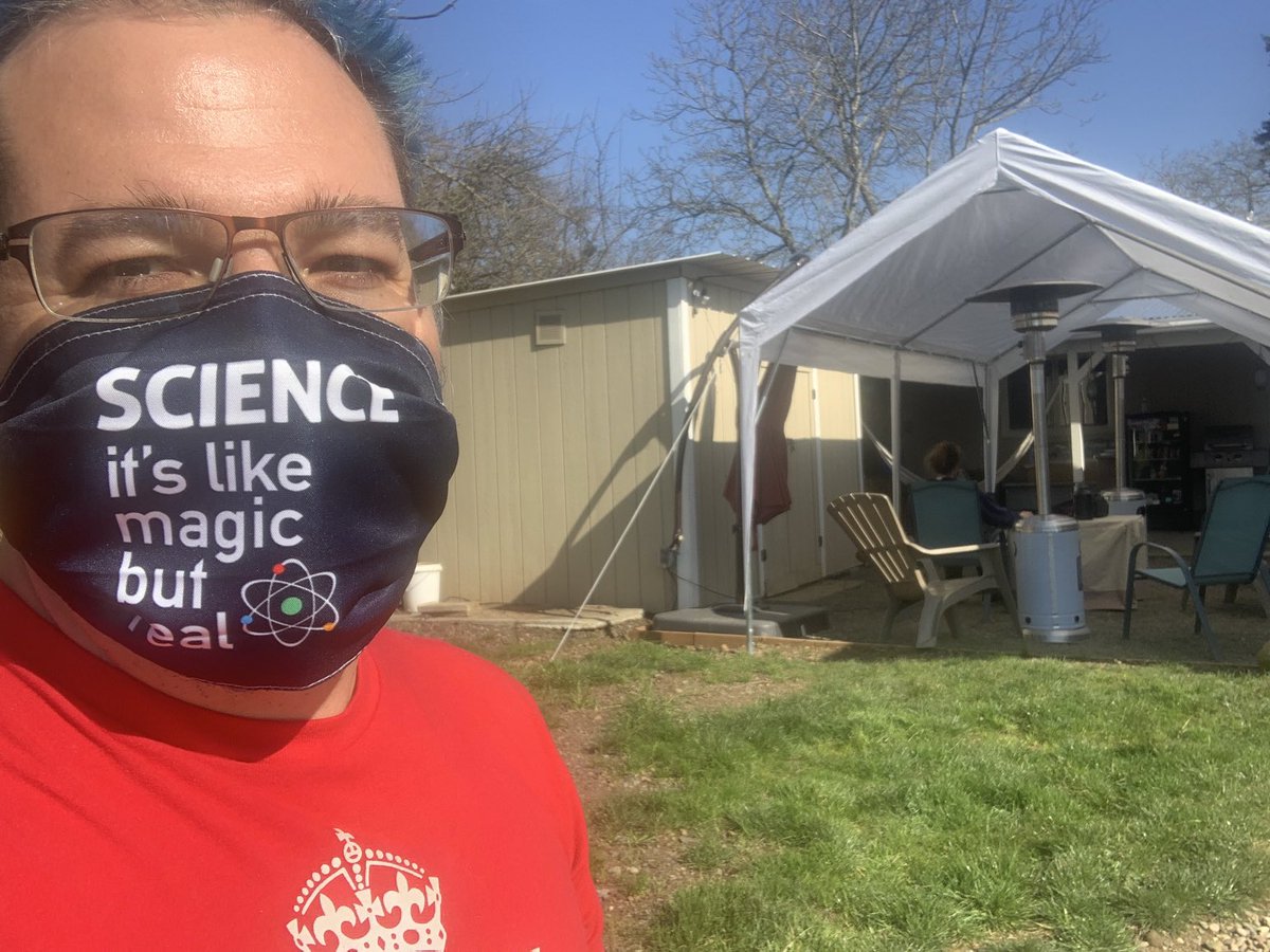 binford2k's tweet photo. 42 is the answer and it’s also day 42 of the #100DayMaskChallenge. Socially distanced backyard working with a friend having an internet crisis. https://t.co/Q4h9mojgfX
