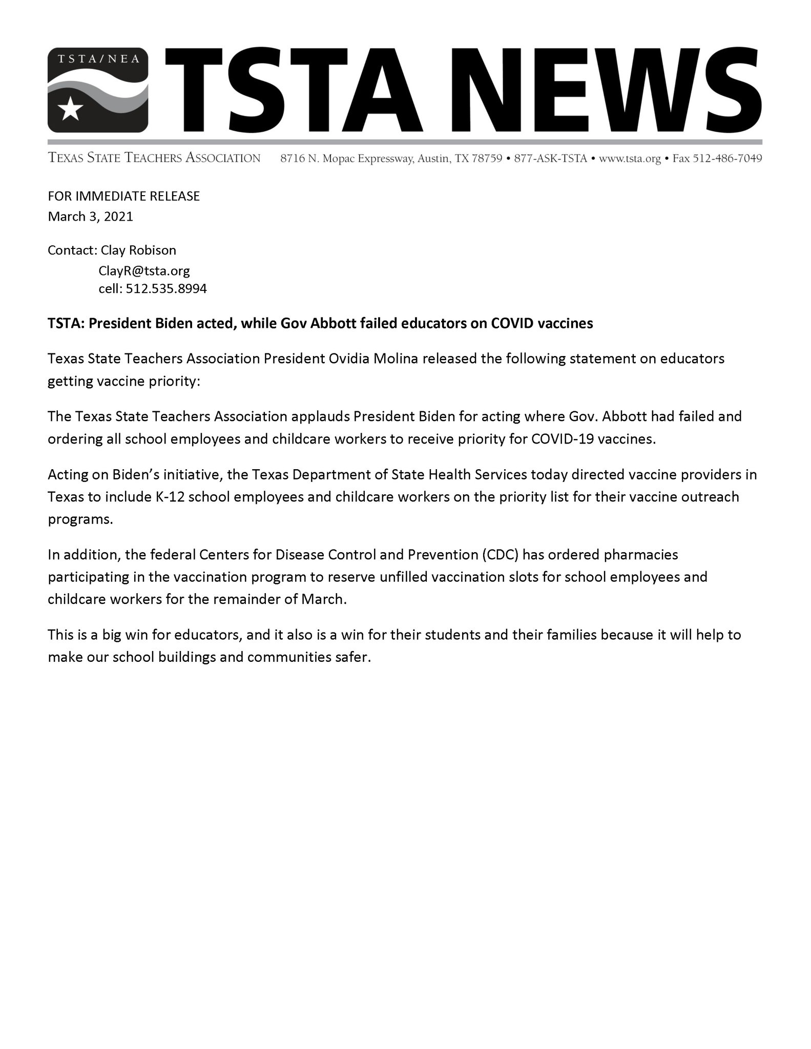 Tsta Nea Teamtsta Applauds President Biden For Acting Where Gov Abbott Had Failed And Ordering All School Employees And Childcare Workers To Receive Priority For Covid 19 Vaccines Txed Txlege Keeptxedsafe T Co Twfuasainx