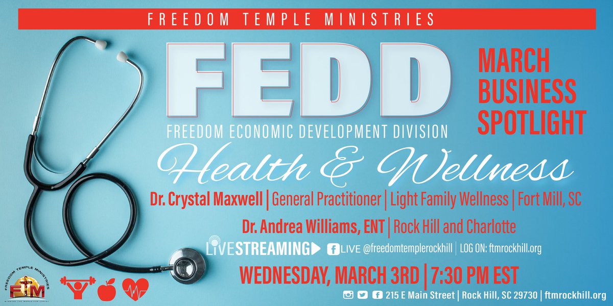 FTM_SC's tweet image. Join us this Wednesday at 7:30 pm for the FEDD business spotlight focusing on Health &amp;amp; Wellness with Dr. Crystal Maxwell and Dr. Andrea Williams. #FEDD #ftmrockhill
