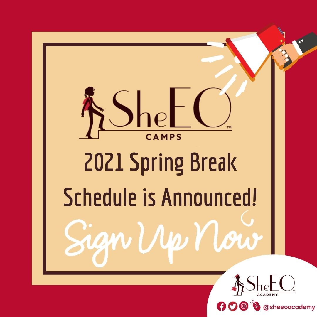 #SpringBreak Camp is Mar 28 - Apr 2. 🌼😄 Sign up your young #girlboss or #girlpreneur for our 2-hr virtual camp or in-person #daycamp.  Register at CampSheEO.com.
#springhassprung #summercamp #virtuallearning #financialliteracy #agirlincharge #sheeoacademy