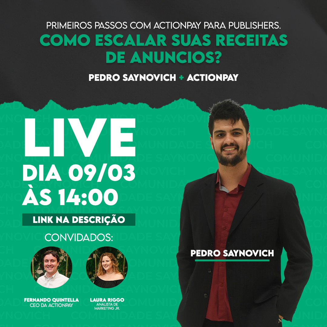 Na próxima terça-feira, dia 09/03, nós da Actionpay seremos convidados na Live do Pedro Saynovich. Nesse talk vamos mostrar como você pode escalar suas receitas com anúncios e afiliados. Clique e ative o sininho: youtube.com/watch?v=inQ7LD…...