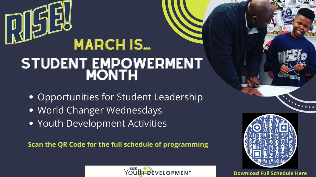 March is Student Empowerment Month!  Check out the schedule of incredible events for students in grades K-12, sponsored by the RISE Male Empowerment Network!  #NNPSRISE