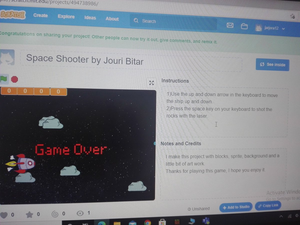 ghinwa bitar (<a href="/Ghinwa81/">Jouri bitar</a>) Tweeted:
scratch.mit.edu/projects/49473…  
Space Shooter game made by Jouri Bitar
Hope you enjoy it.
<a href="/NElakhdar/">Nour elakhdar</a> 
<a href="/MakAishaSchool/">MakAishaSchool</a>