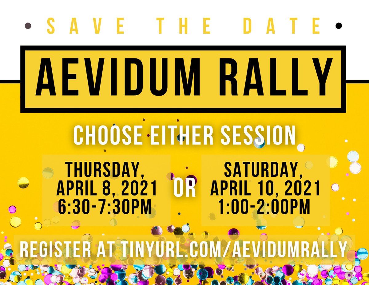 Aevidum will be hosting a free virtual one-hour Aevidum Rally on 4/8 and 4/10 to allow students to connect with one another, meet students from different schools, and learn about topics related to mental health. Register as soon as possible at tinyurl.com/aevidumrally!