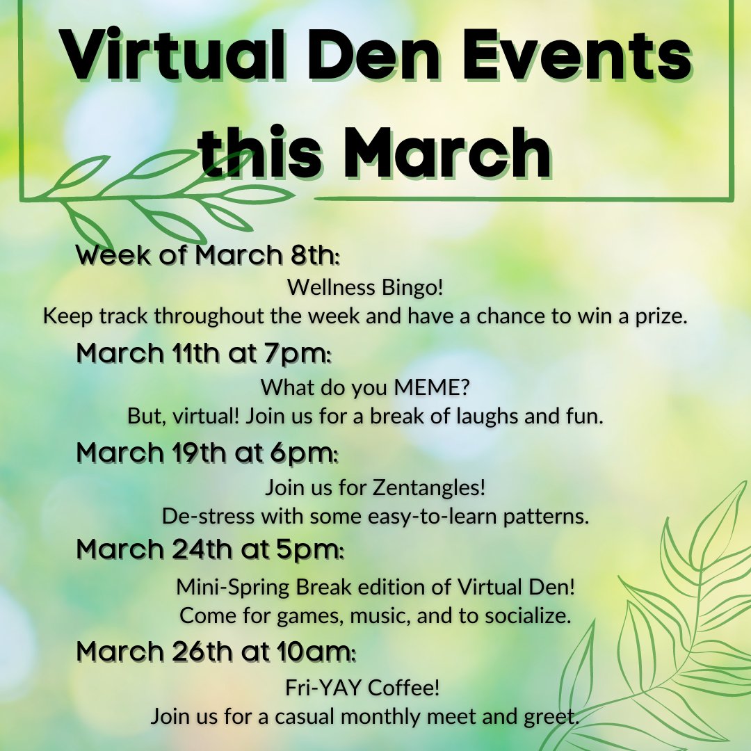 MERIT_Library's tweet image. The Virtual SoE Den is hosting a variety of events this month: virtual game nights, mindful doodling, and next week we start off with wellness bingo! 

Keep a look out for more information in the coming weeks about each event.
