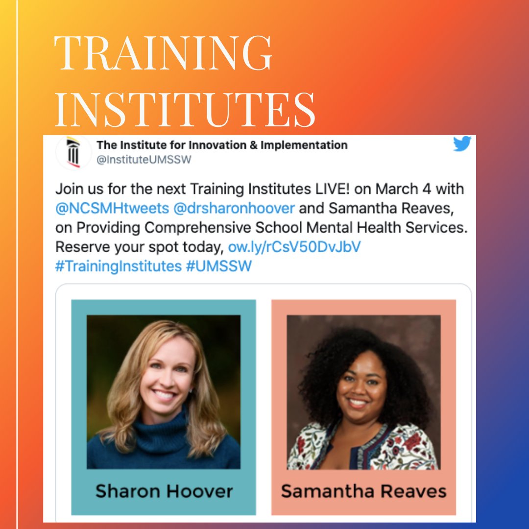 Check out these professional development opportunities provided by  <a href="/NCSMHtweets/">National Center for School Mental Health</a> <a href="/MHTTCNetwork/">Mental Health Technology Transfer Center</a>  <a href="/InstituteUMSSW/">The Institute for Innovation & Implementation</a>