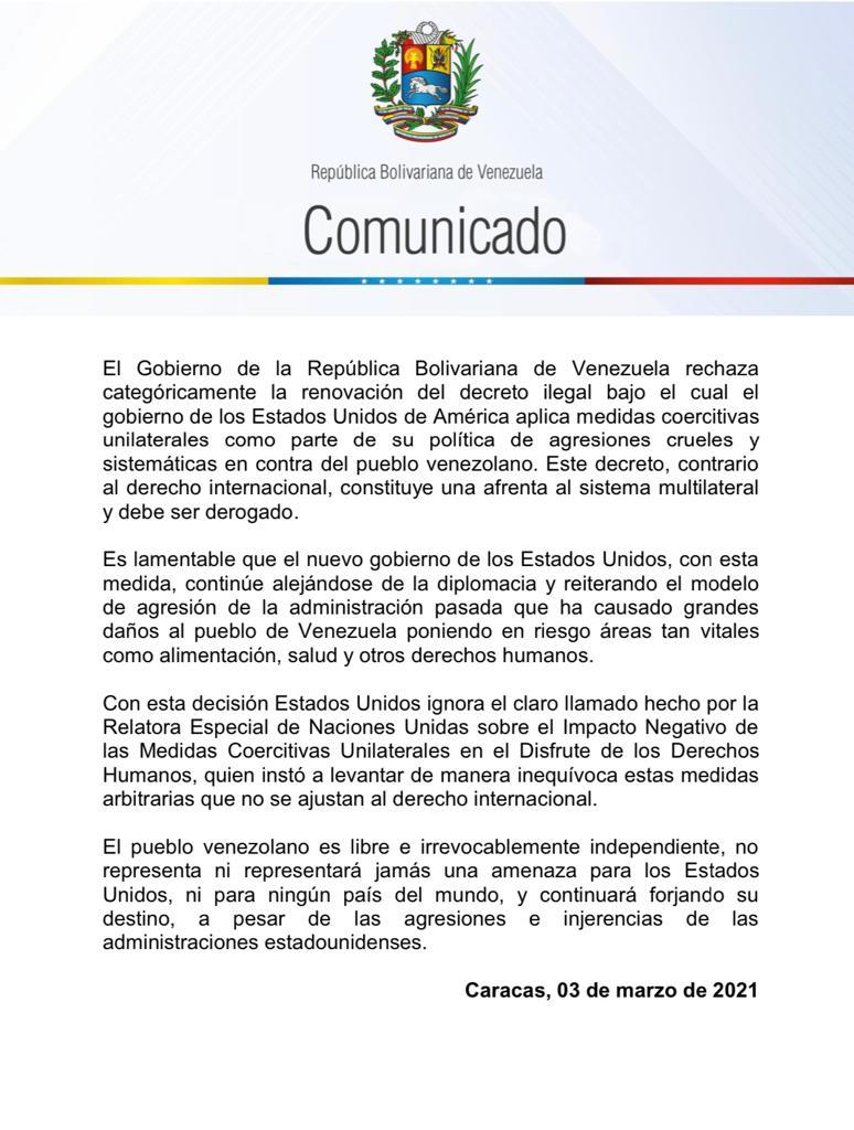#COMUNICADO | Venezuela rechaza categóricamente la renovación del decreto ilegal bajo el cual el gobierno de los EEUU aplica medidas coercitivas unilaterales como parte de su política de agresiones crueles y sistemáticas en contra del pueblo venezolano.