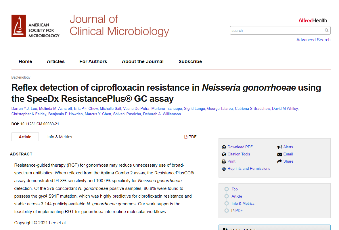 New publication from @darrenleeyj in @JClinMicro on resistance-guided therapy for #gonorrhoea using the SpeeDx ResistancePlus GC assay. Read the full paper here bit.ly/3e7xaLR