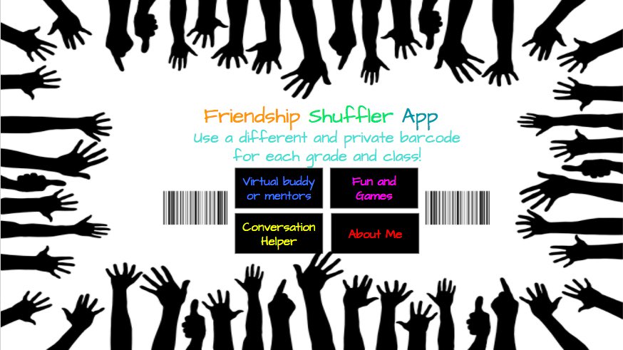 My wonderful high school intern, Christina, is helping 2 of my 6th graders design the Friendship Shuffler app for schools. Kids can pick a room based on what they need or want -- such as meeting someone new, being a big buddy, finding a mentor, or busting boredom. Check it out!