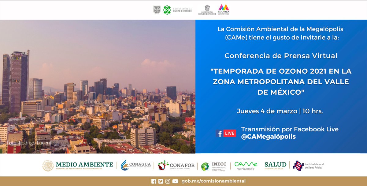 📌 ¡MAÑANA!
🟢 La Comisión Ambiental de la Megalópolis (CAMe) invita a la Conferencia de Prensa Virtual "#TemporadaDeOzono 2021 en la Zona Metropolitana del Valle de México".
🗓🕙 Jueves 4 de marzo a las 10 hrs.
💻▶️ Transmisión por Facebook Live @CAMegalopolis https://t.co/2hYcBHRXzV
