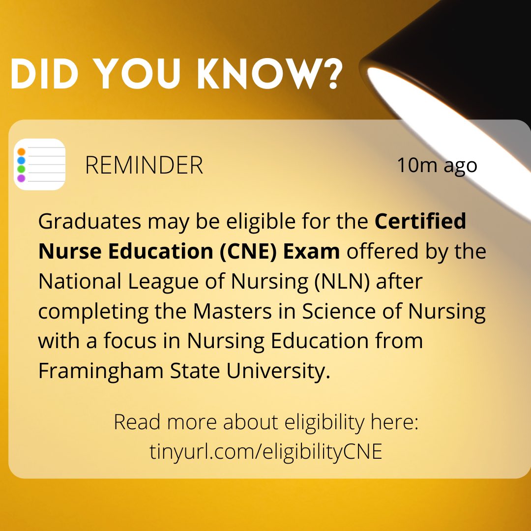 nursingfsu's tweet image. Did you know? After you complete your MSN in Nursing Education at Framingham State you may be eligible for CNE (Certified Nurse Educator) national certification!💡Read more about eligibility here tinyurl.com/eligibilityCNE