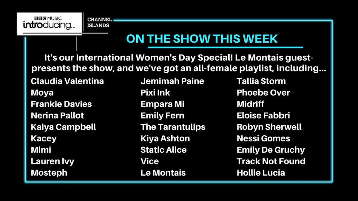 Tomorrow night we're celebrating #InternationalWomensDay on the show ♀️

We've got an all-female playlist, guest-presented by <a href="/LeMontaisMusic/">Rebecca Le Montais</a>! Featuring tunes from @EmparaMi, <a href="/FrankieDaviesUK/">Frankie Davies</a>, <a href="/robynsherwell/">Robyn Sherwell</a>, @KaiyaCampbell98, <a href="/thisismoya/">MOYA Official</a>, <a href="/Tallia_Storm/">TALLIA STORM</a>, @tracknotfound &amp; more 🎶