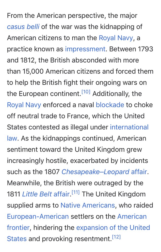 13/ The War was extremely avoidable & pointless - at least from the British sideThey repeatedly kidnapped/Shanhai’d our citizens & attacked usWhile at war with NapoleonCan you *imagine* just kidnapping a country’s citizens & *not* thinking it’d start a war?Why?