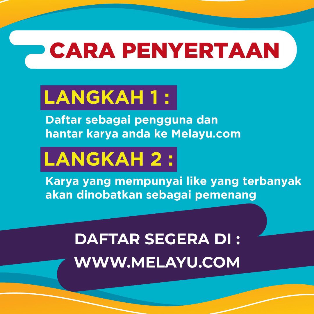 melayucom's tweet photo. Karya pilihan di https://t.co/6FAz6LnIdf. Sertai pertandingan Karya di https://t.co/6FAz6LnIdf dan menangi hadiah menarik dari https://t.co/6FAz6LnIdf! 

Tempoh pertandingan 1 Jan - 31 Mac. Hantar sajak, pantun, puisi, teka-teki dsb.. https://t.co/dbw5BxTZAR