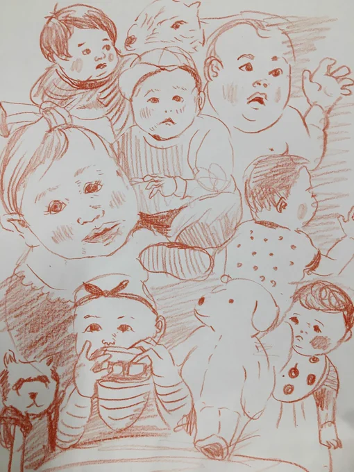 本日のかっ飛ばし昼休みスケッチは「じゃらんベビー 東日本版」です。赤ちゃん時間内に何人描けるか一本勝負です。赤ちゃんはですね、白目の面積ぐ狭いですね。黒くて大きなお目目で万人に愛されようと作られています。神様デザイン事務所の仕事は素晴らしいですね。赤ちゃん以外も隠れています。 