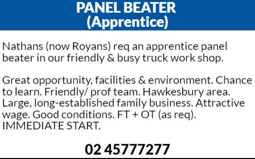 APPRENTICE PANEL BEATER Would you like to join one of the busiest, most progressive, professional & reputable repair teams in Australia? Take the next step in your Automotive career & join our team. Call Grant Or Michelle on 0245777277